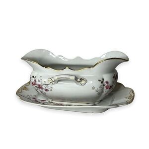 Carlsbad‎ AK China Gravy Boat with Under plate Floral Gold Trim